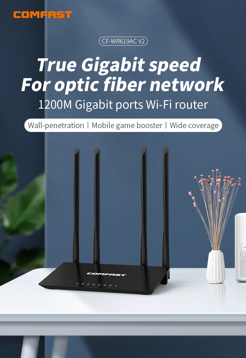 COMFAST AC1200 Dual Band WiFi Router – 1200Mbps MU-MIMO Wireless Router with 4×5dBi Antennas (2.4GHz & 5.8GHz)