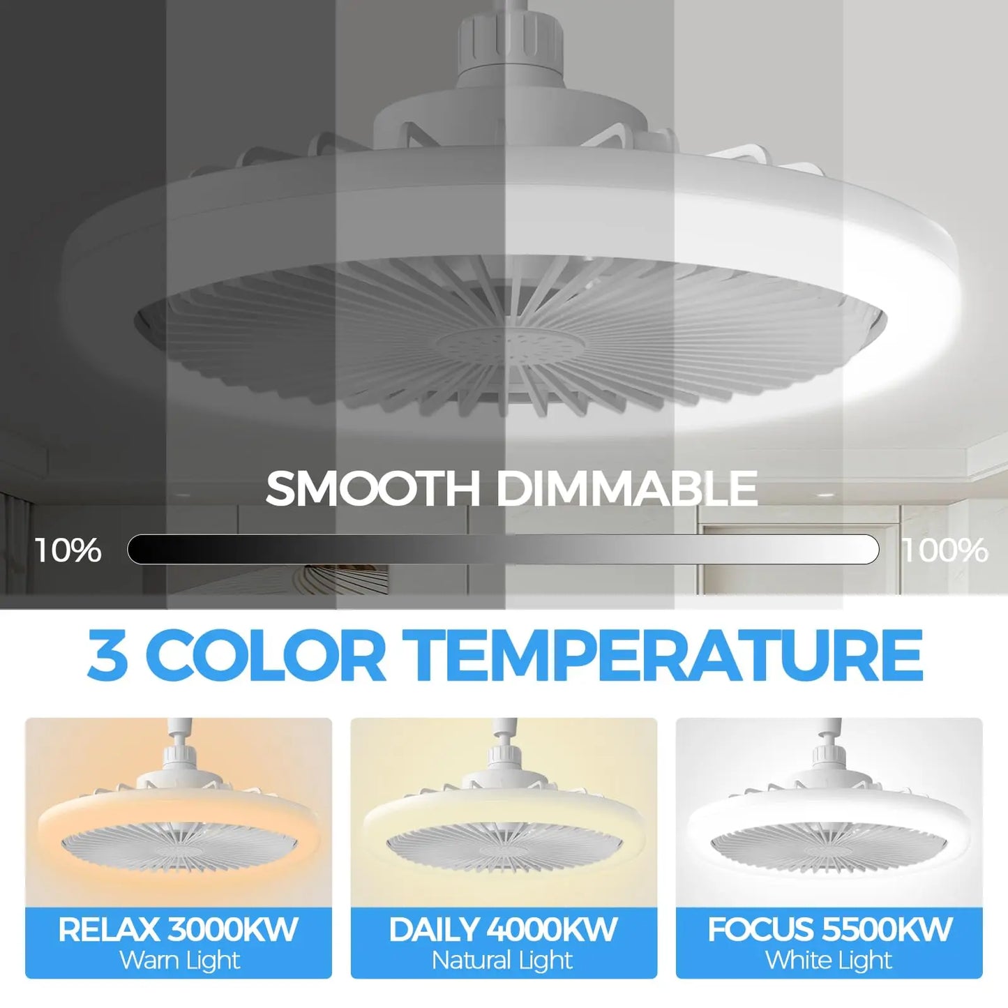 “2-in-1 Ceiling Fan Lamp with Remote – Energy-Saving, E27 Base, Infinitely Dimmable LED Light”