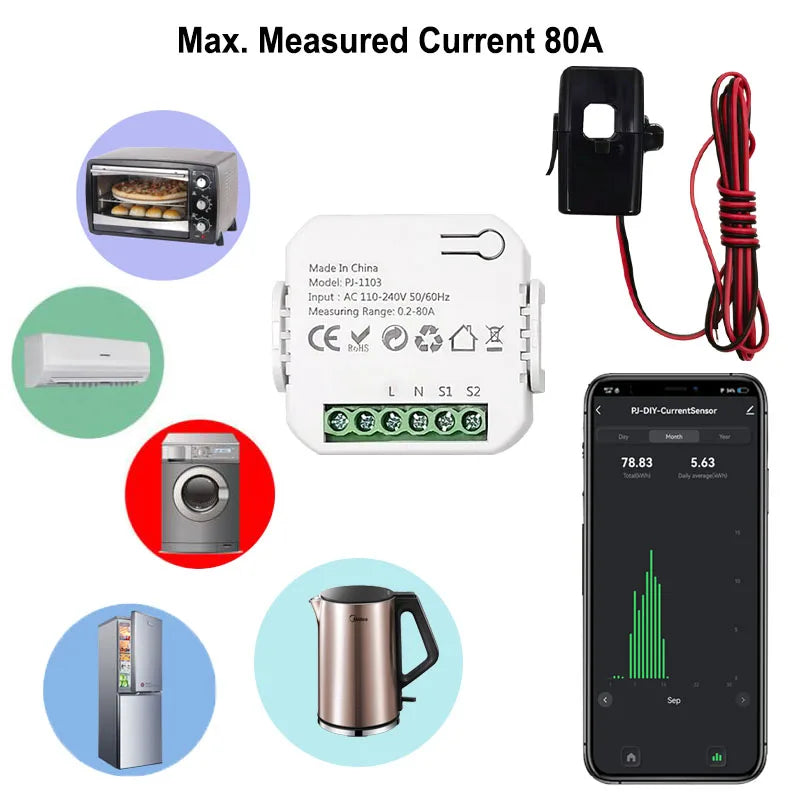 “Tuya Smart WiFi Energy Monitor 80A – Real-Time Power Consumption Meter with CT Clamp Sensor”