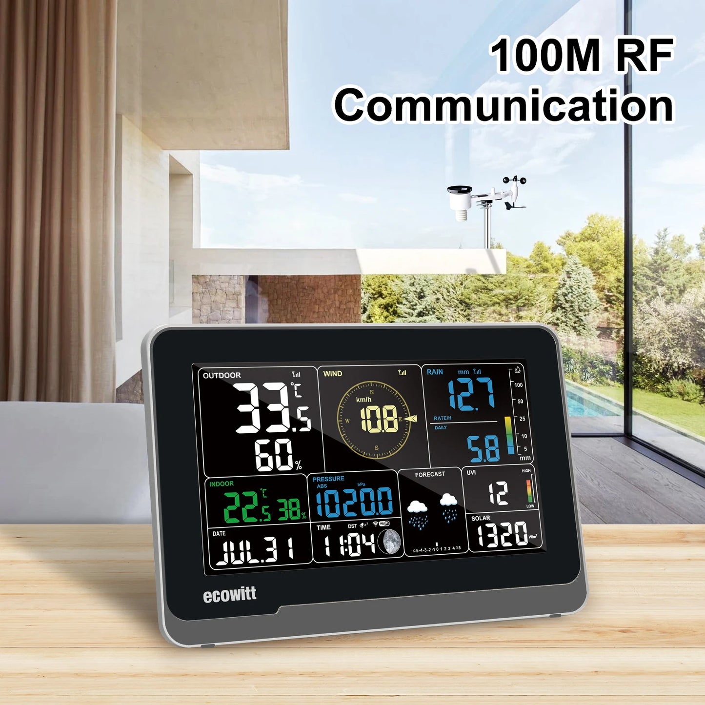 Ecowitt WS3900 Professional Wi-Fi Weather Station – 7-in-1 Outdoor Sensor & 7.5" Color LCD Display – Smart App Integration