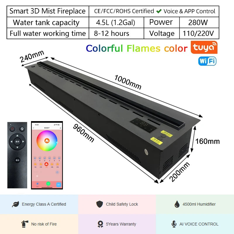 “Smart Electric Fireplace Insert with RGB Mist Flame, Real Wood Sound & Energy Saving – App Controlled”