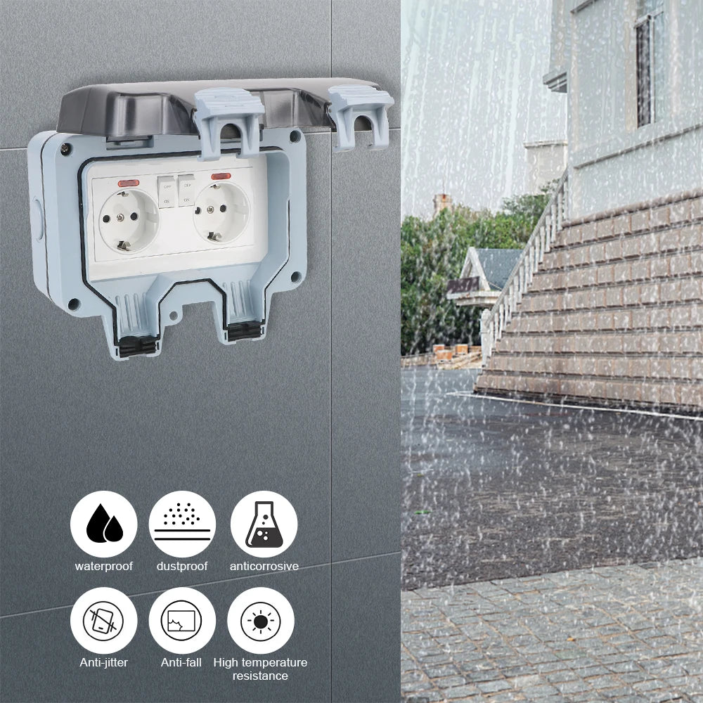 Outdoor Waterproof Double EU Wall Socket – 16A Power Outlet with Switch & USB-C