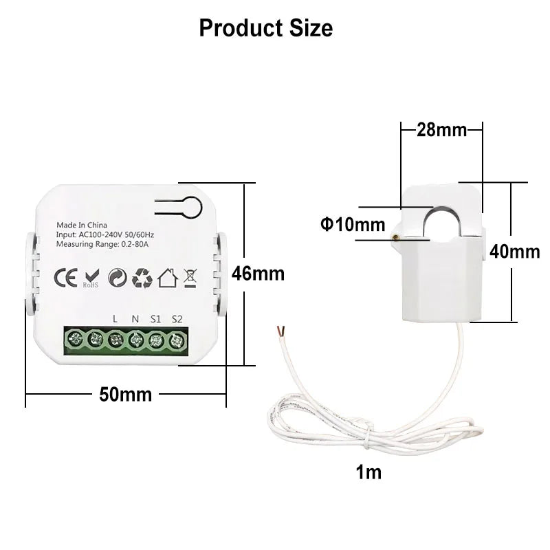 WiFi Digital Energy Meter 80A with Current Sensor Clamp Tuya Smart Life App Monitor Voltage Current Power 110V 240V 50/60Hz