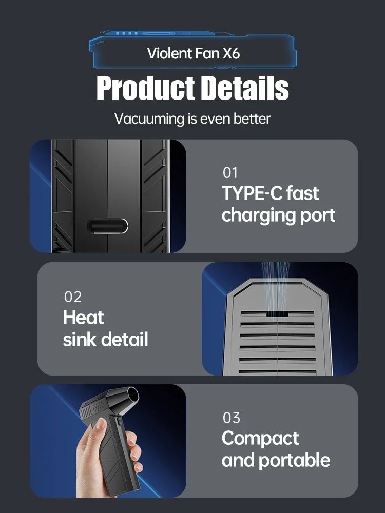 X6 Turbo Jet Fan – 450,000RPM Brushless Air Blower & Vacuum Cleaner, USB-C Fast Charging, 6000mAh Battery