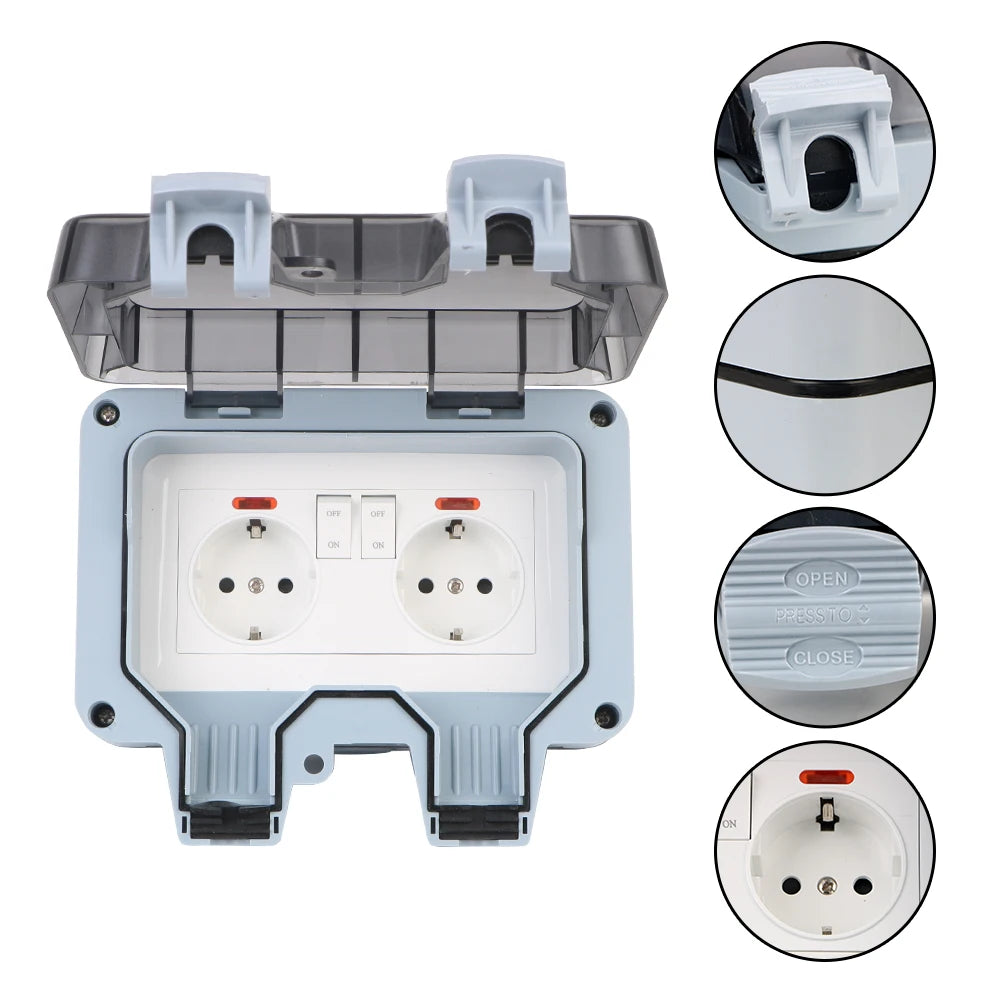 Outdoor Waterproof Double EU Wall Socket – 16A Power Outlet with Switch & USB-C