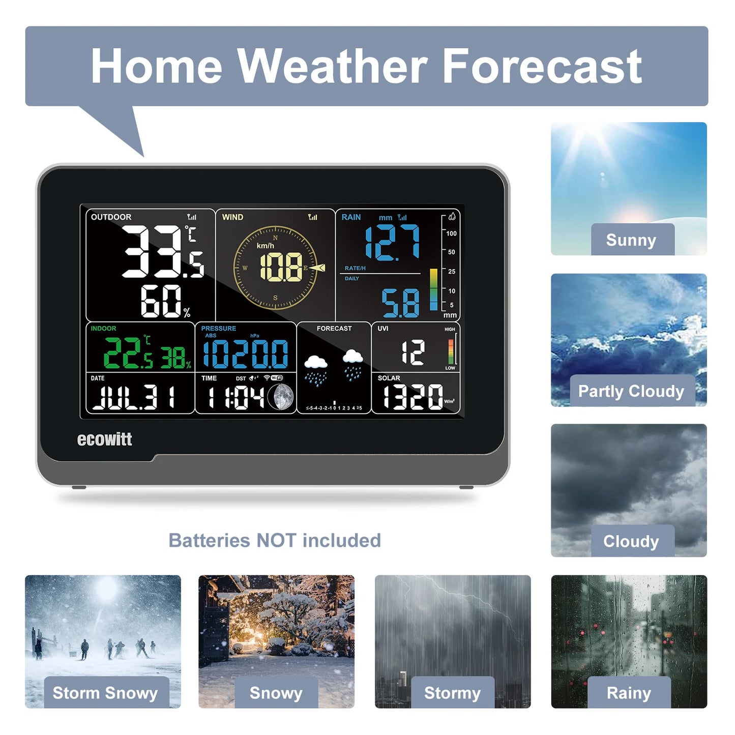 Ecowitt WS3900 Professional Wi-Fi Weather Station – 7-in-1 Outdoor Sensor & 7.5" Color LCD Display – Smart App Integration