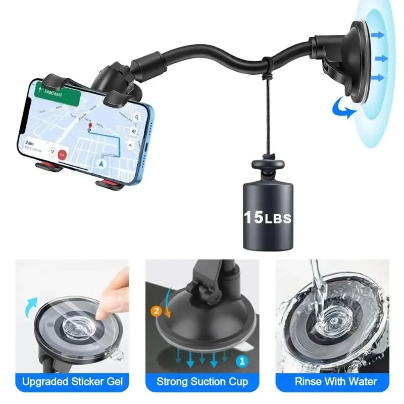 Universal Car Phone Holder – 360° Rotating Windshield & Dashboard Mount for Smartphone & GPS