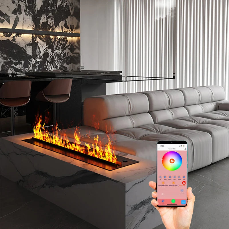“Smart Electric Fireplace Insert with RGB Mist Flame, Real Wood Sound & Energy Saving – App Controlled”