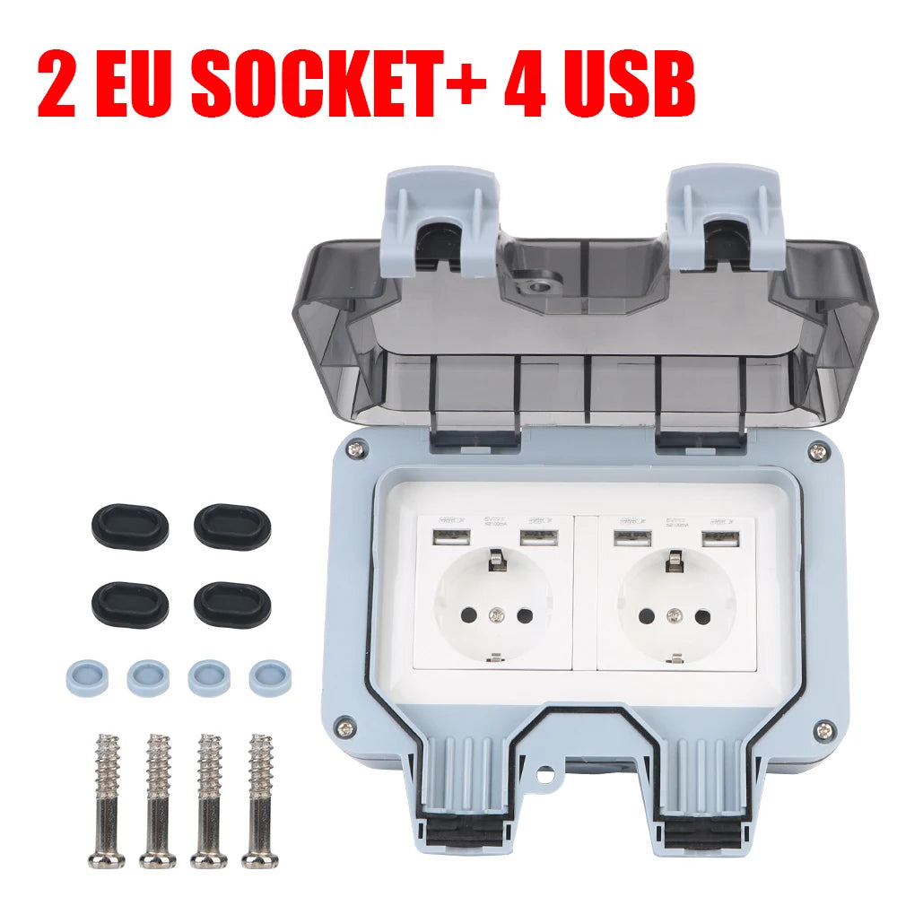 Outdoor Waterproof Double EU Wall Socket – 16A Power Outlet with Switch & USB-C