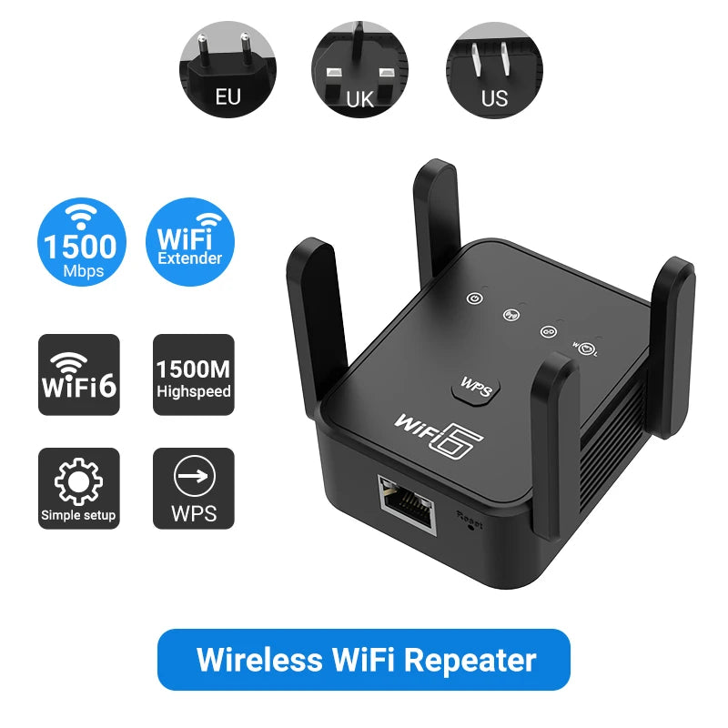 WiFi 6 Repeater AX1800 – Dual Band 2.4GHz & 5GHz Signal Booster with WPA3 and Gigabit Port