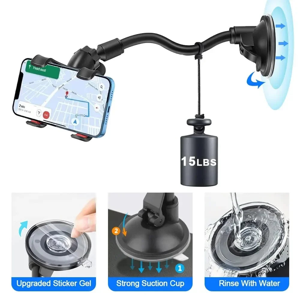 Universal Car Phone Holder – 360° Rotating Windshield & Dashboard Mount for Smartphone & GPS