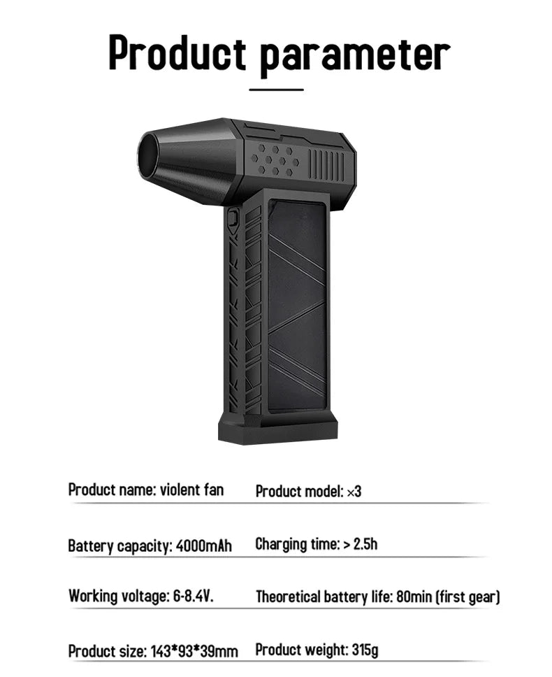 High-Speed Air Blower Turbo Jet Fan – 130,000RPM / 120,000RPM Brushless Motor, Handheld, USB Rechargeable Dust Cleanerl