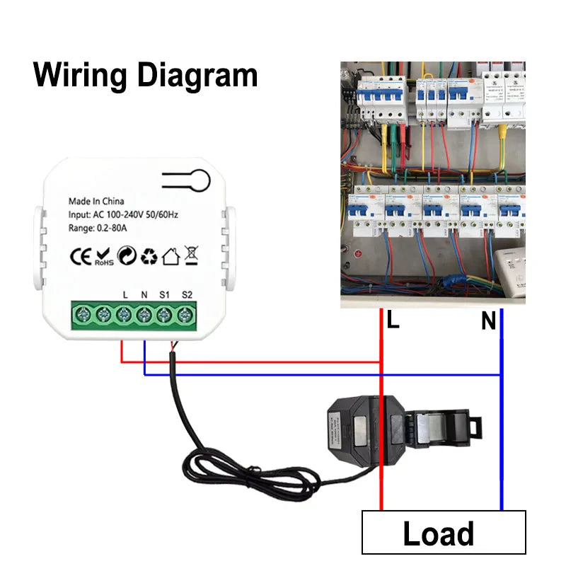 “Tuya Smart WiFi Energy Monitor 80A – Real-Time Power Consumption Meter with CT Clamp Sensor”