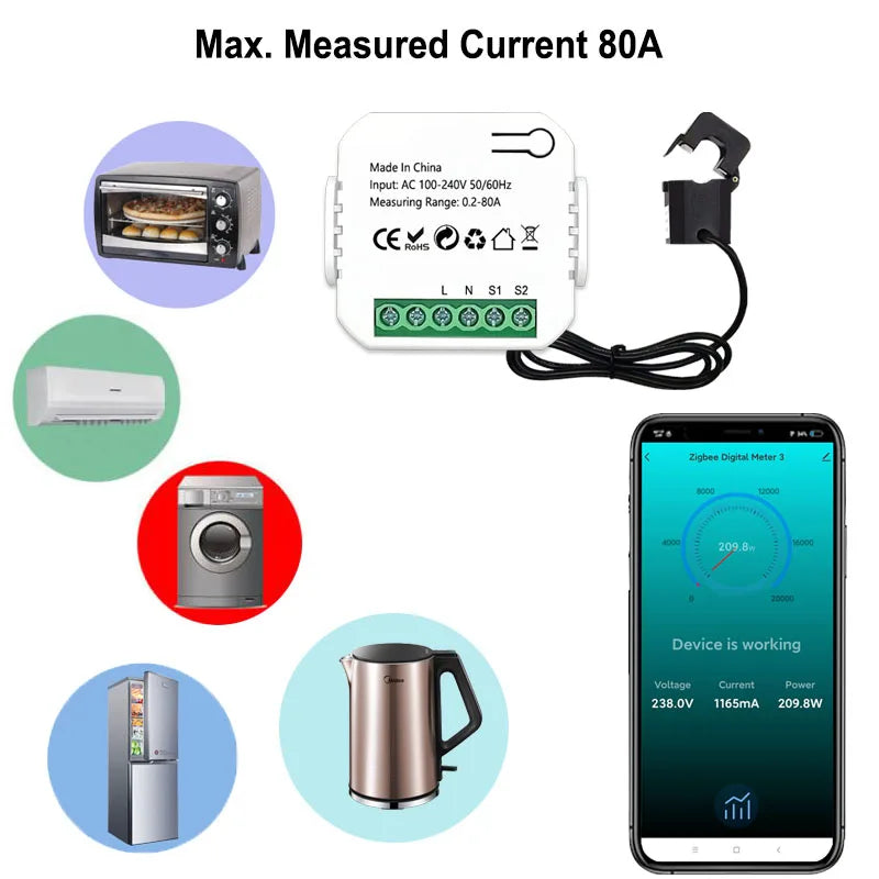 “ZigBee Smart Energy Monitor 80A – Power Meter with CT Clamp Sensor for Tuya Smart Life App”