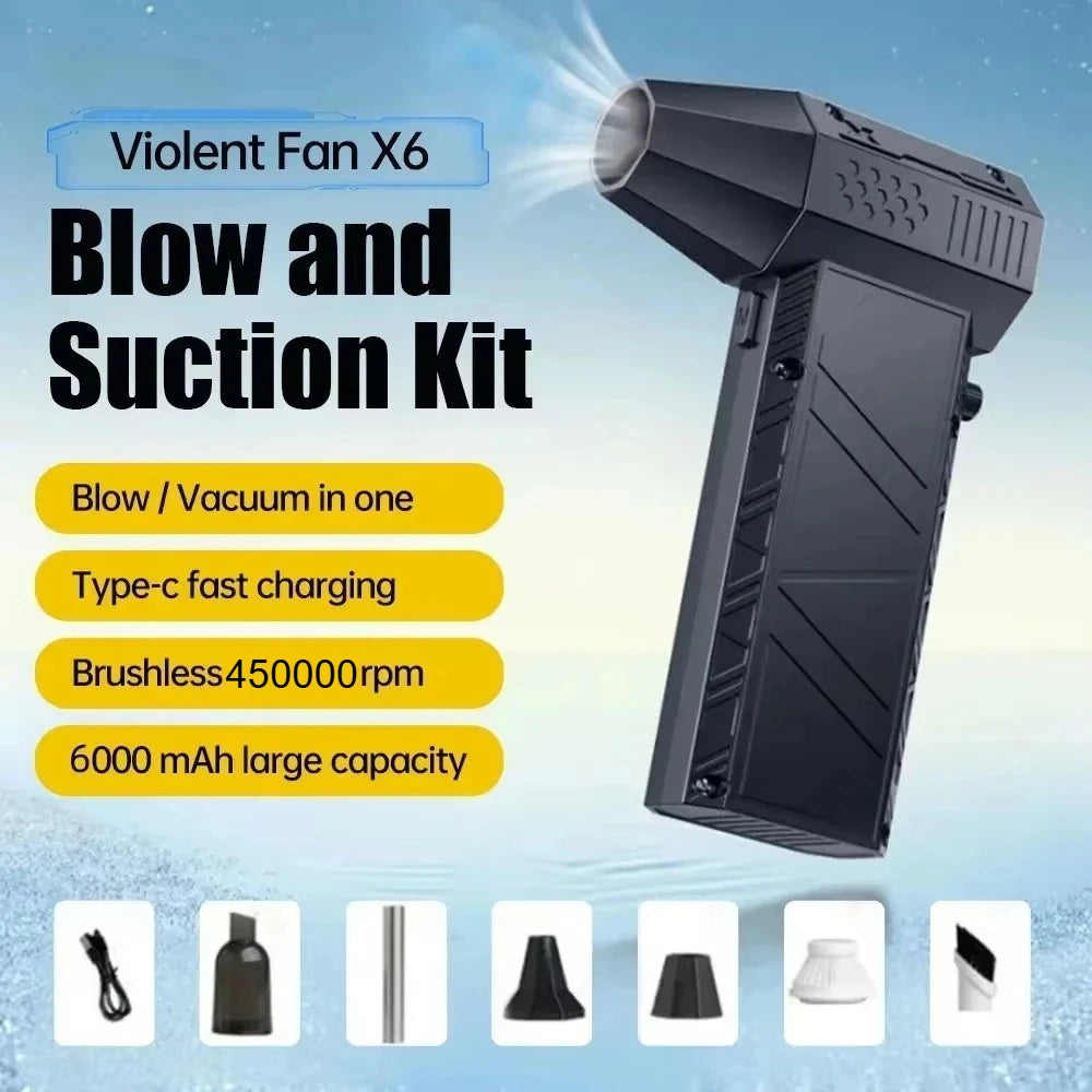 X6 Turbo Jet Fan – 450,000RPM Brushless Air Blower & Vacuum Cleaner, USB-C Fast Charging, 6000mAh Battery