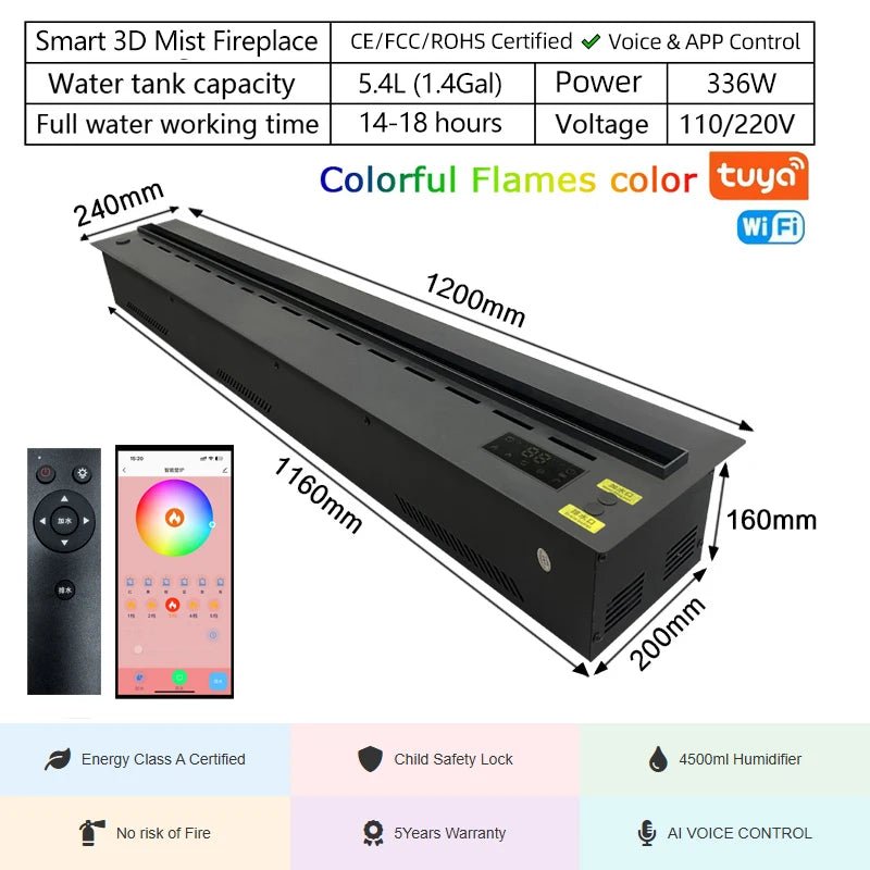 “Smart Electric Fireplace Insert with RGB Mist Flame, Real Wood Sound & Energy Saving – App Controlled”
