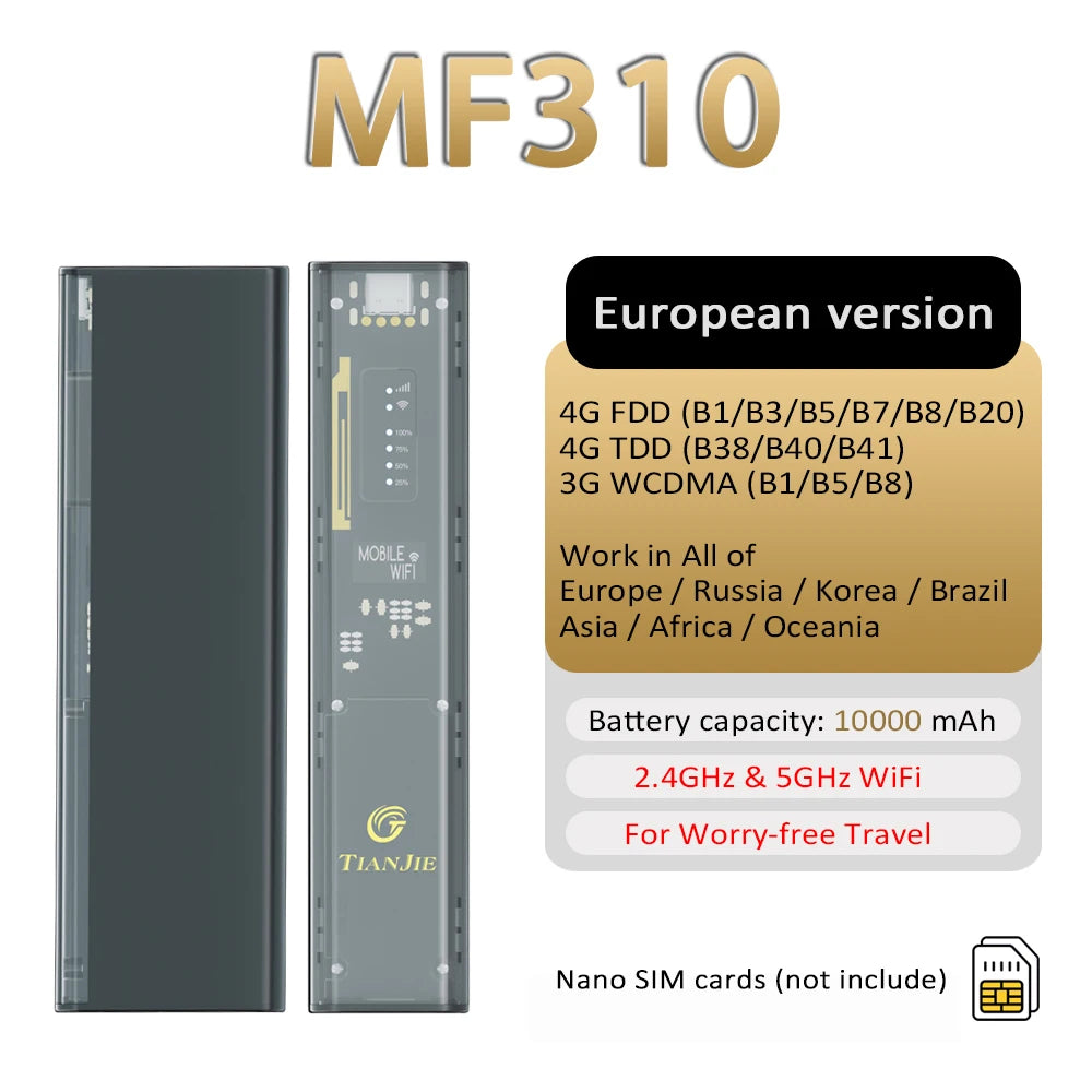TIANJIE MF310 Mifi With Wifi Hotspot,SIM Mobile Wifi,10000mAh 4G LTE Portable Wifi Router,150Mbps High Speed for Global Journeys