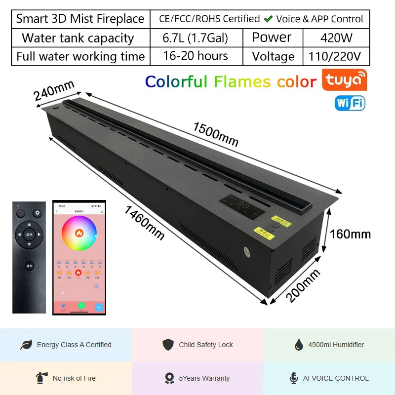 “Smart Electric Fireplace Insert with RGB Mist Flame, Real Wood Sound & Energy Saving – App Controlled”