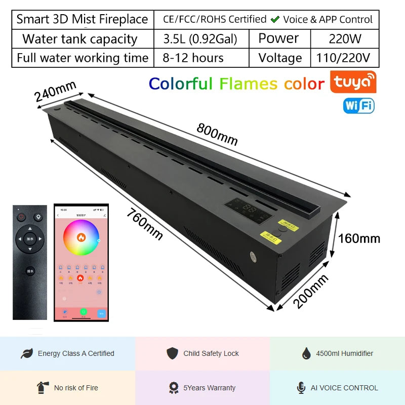 “Smart Electric Fireplace Insert with RGB Mist Flame, Real Wood Sound & Energy Saving – App Controlled”