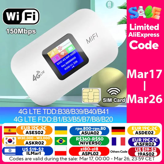 "4G LTE Portable WiFi Router – 150Mbps Mobile Hotspot with SIM Card Slot | Travel & Outdoor Modem"