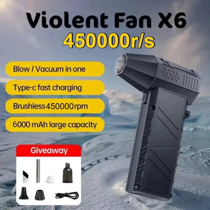 X6 Turbo Jet Fan – 450,000RPM Brushless Air Blower & Vacuum Cleaner, USB-C Fast Charging, 6000mAh Battery
