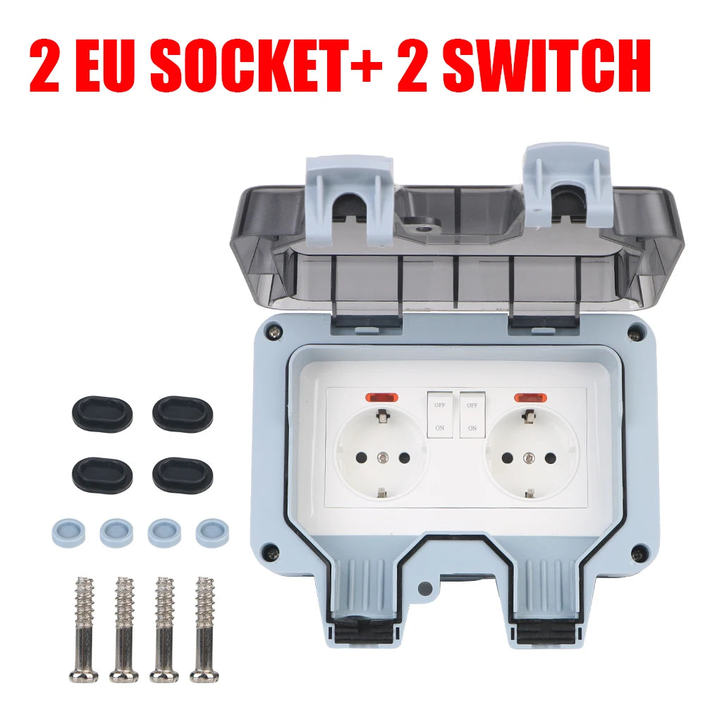 Outdoor Waterproof Double EU Wall Socket – 16A Power Outlet with Switch & USB-C
