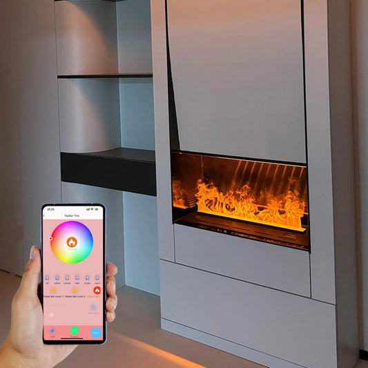 “Smart Electric Fireplace Insert with RGB Mist Flame, Real Wood Sound & Energy Saving – App Controlled”