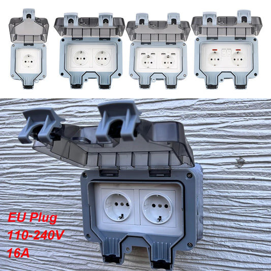 Outdoor Waterproof Double EU Wall Socket – 16A Power Outlet with Switch & USB-C