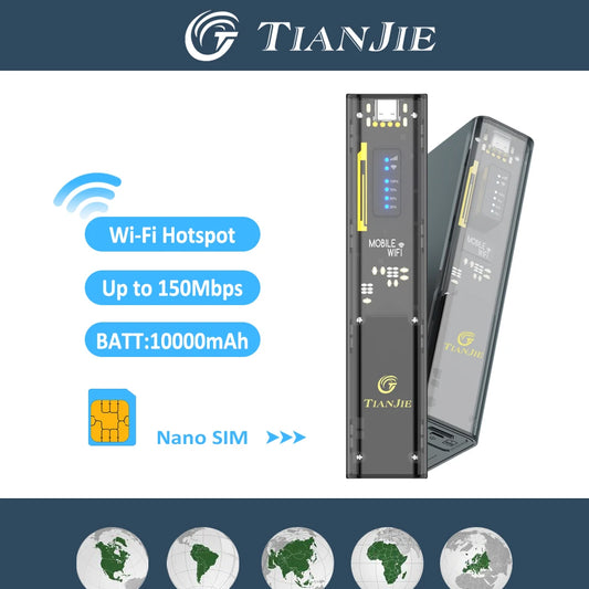 TIANJIE MF310 Mifi With Wifi Hotspot,SIM Mobile Wifi,10000mAh 4G LTE Portable Wifi Router,150Mbps High Speed for Global Journeys