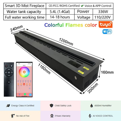 “Smart Electric Fireplace Insert with RGB Mist Flame, Real Wood Sound & Energy Saving – App Controlled”