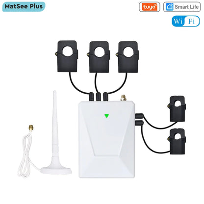 “Tuya WiFi 3-Phase Smart Energy Meter – Bidirectional Power Monitor with 5 CT Clamps (3×200A + 2×50A) for Solar PV Systems”
