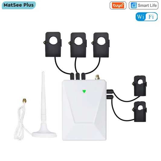 “Tuya WiFi 3-Phase Smart Energy Meter – Bidirectional Power Monitor with 5 CT Clamps (3×200A + 2×50A) for Solar PV Systems”